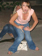French whore swallows piss in the girls room